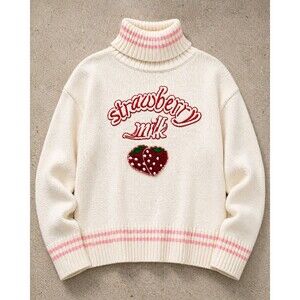 KAWAII STRAWBERRY SWEATER Y2K PINK TURTLENECK SOFT GIRL L